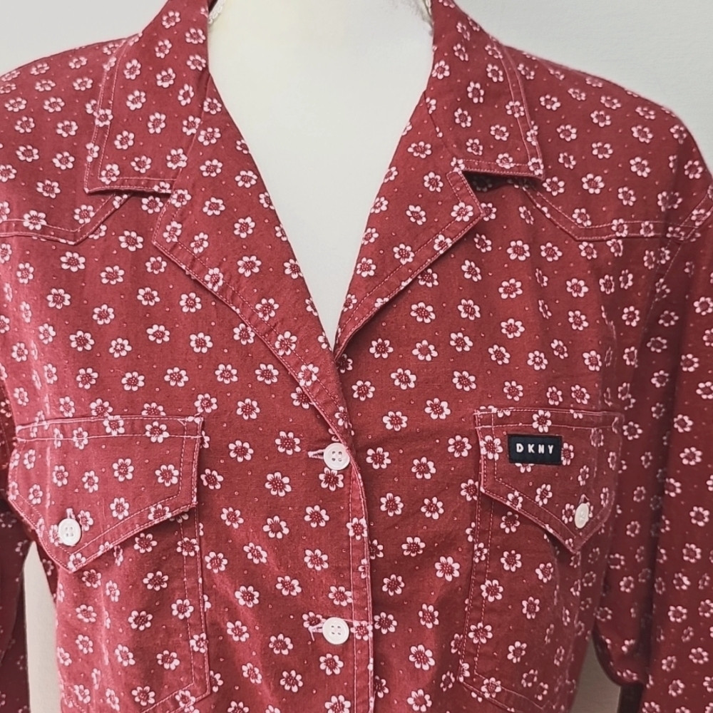 Vintage DKNY Muted Red Floral Button Down Shirt Vneck, Chest Pockets - Picture 2 of 9